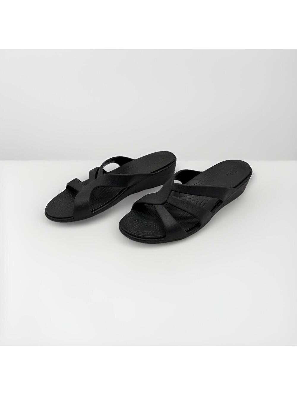 Crocs Womens Sandals Black Size 11 Crossover Straps Dual Comfort Wedge Travel